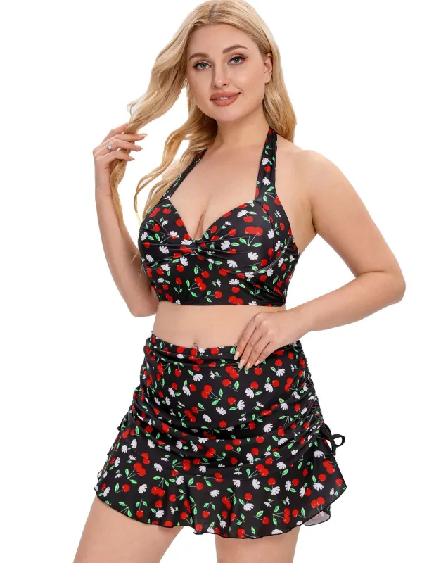 [Plus Size] Black 1930s Cherry Halter Swimsuit sold by Retro Stage