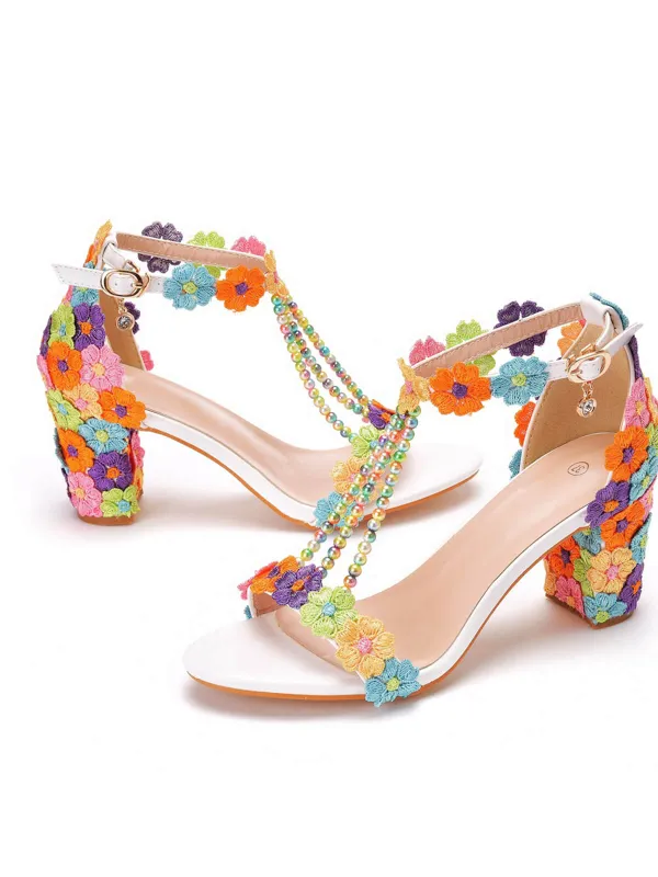 Beaded Flower Hand Embroidered High Heeled Sandals sold by Retro Stage