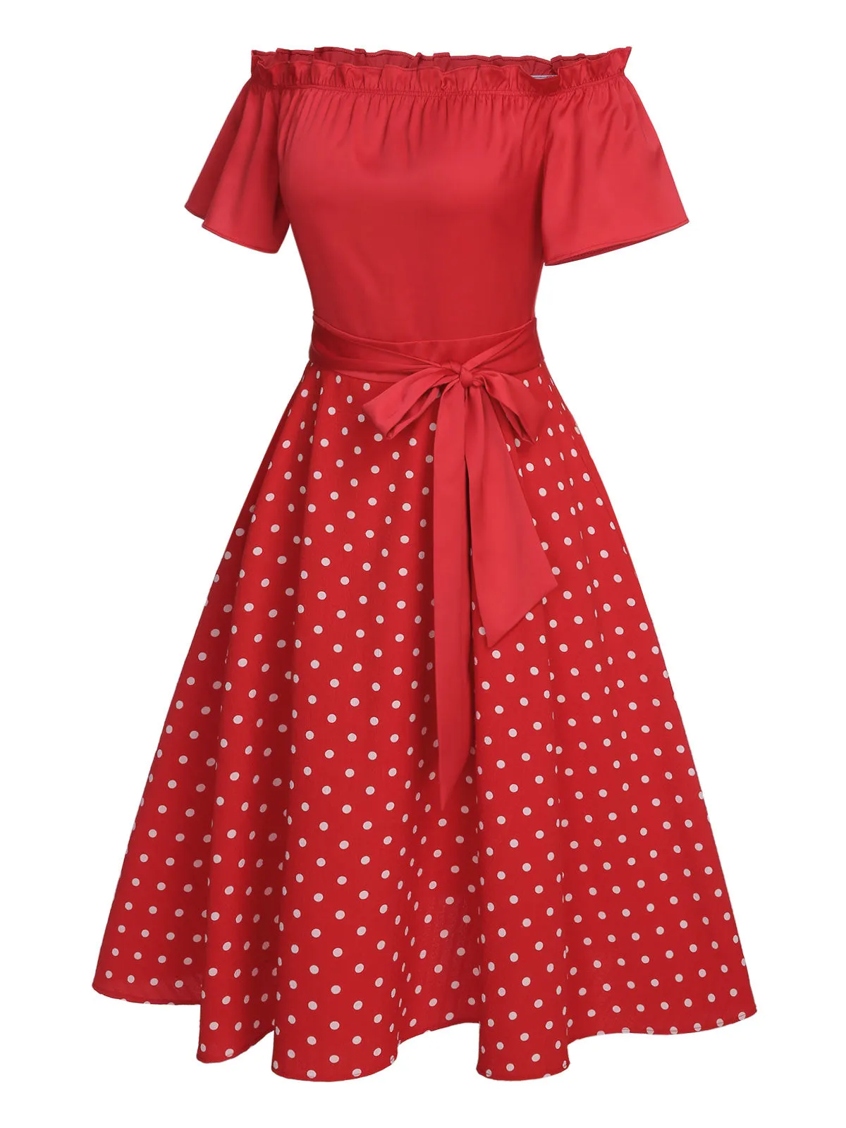 Red 1950s Off-Shoulder Polka Dots Belted Dress sold by Retro Stage product image thumbnail 3