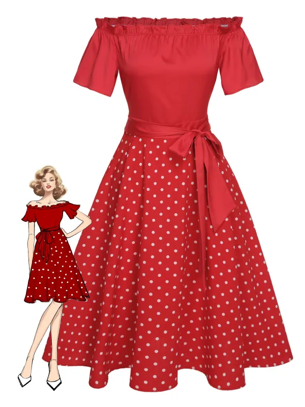 Red 1950s Off-Shoulder Polka Dots Belted Dress sold by Retro Stage