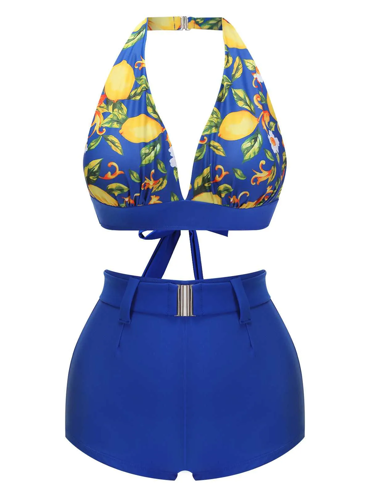 Blue 1930s Halter Lemon Belted Swimsuit sold by Retro Stage product image thumbnail 2