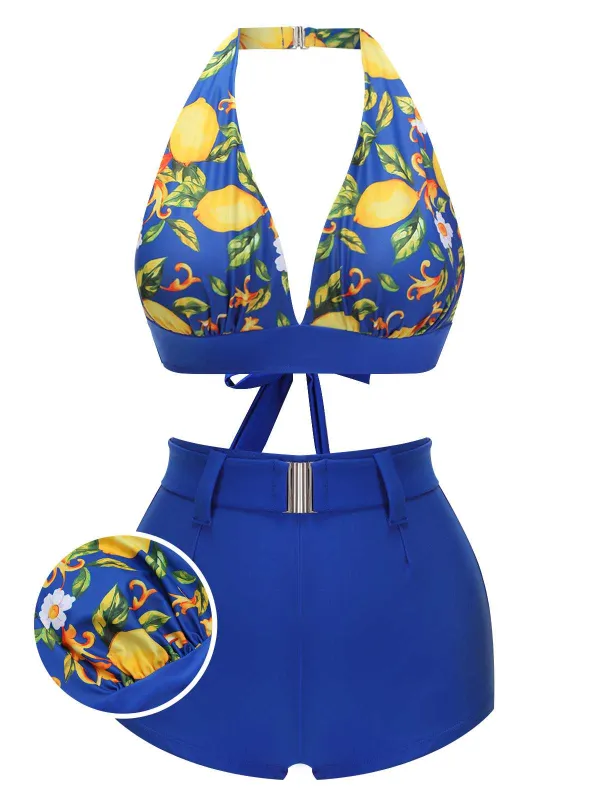 Blue 1930s Halter Lemon Belted Swimsuit sold by Retro Stage