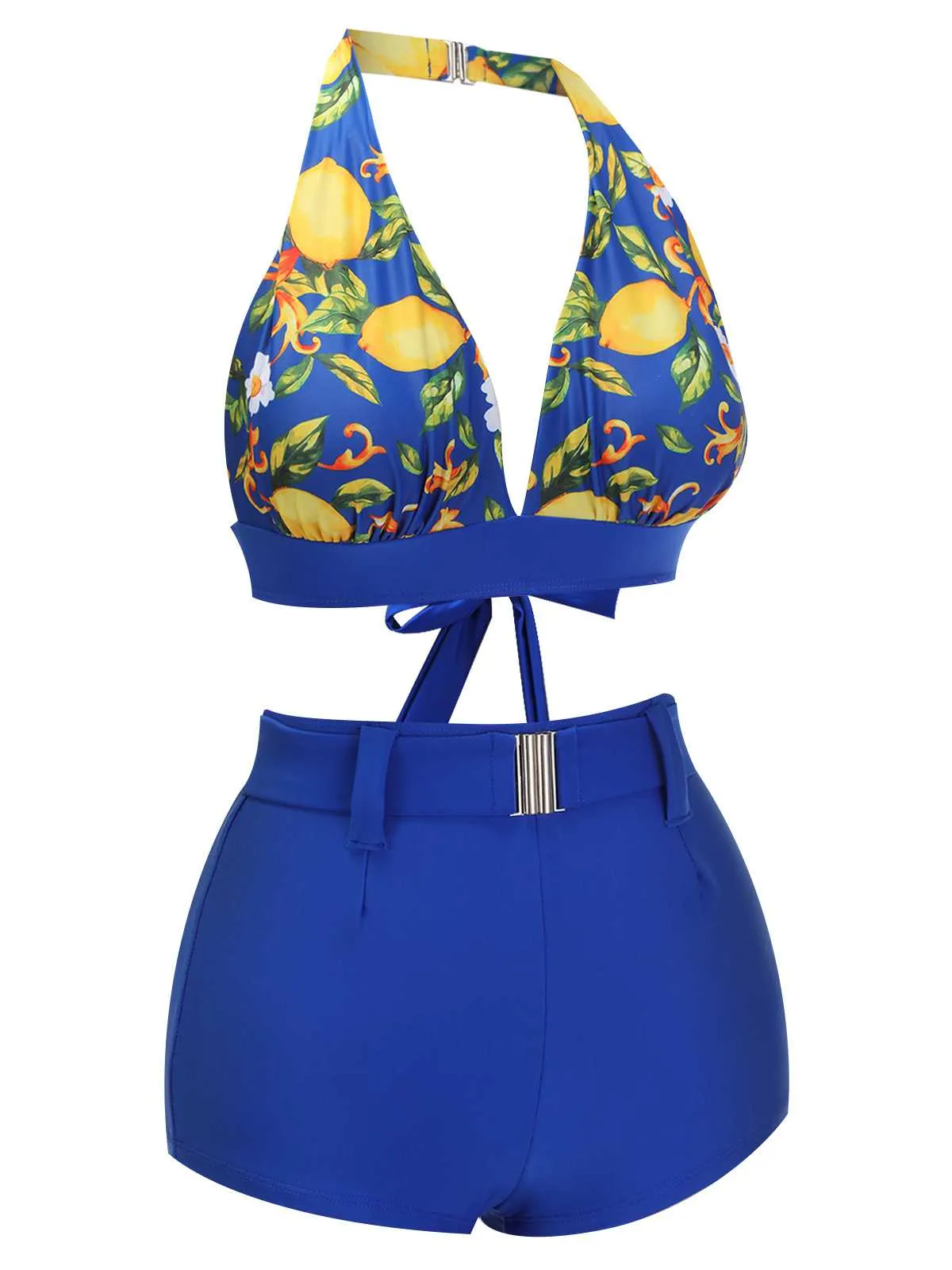 Blue 1930s Halter Lemon Belted Swimsuit sold by Retro Stage product image thumbnail 3