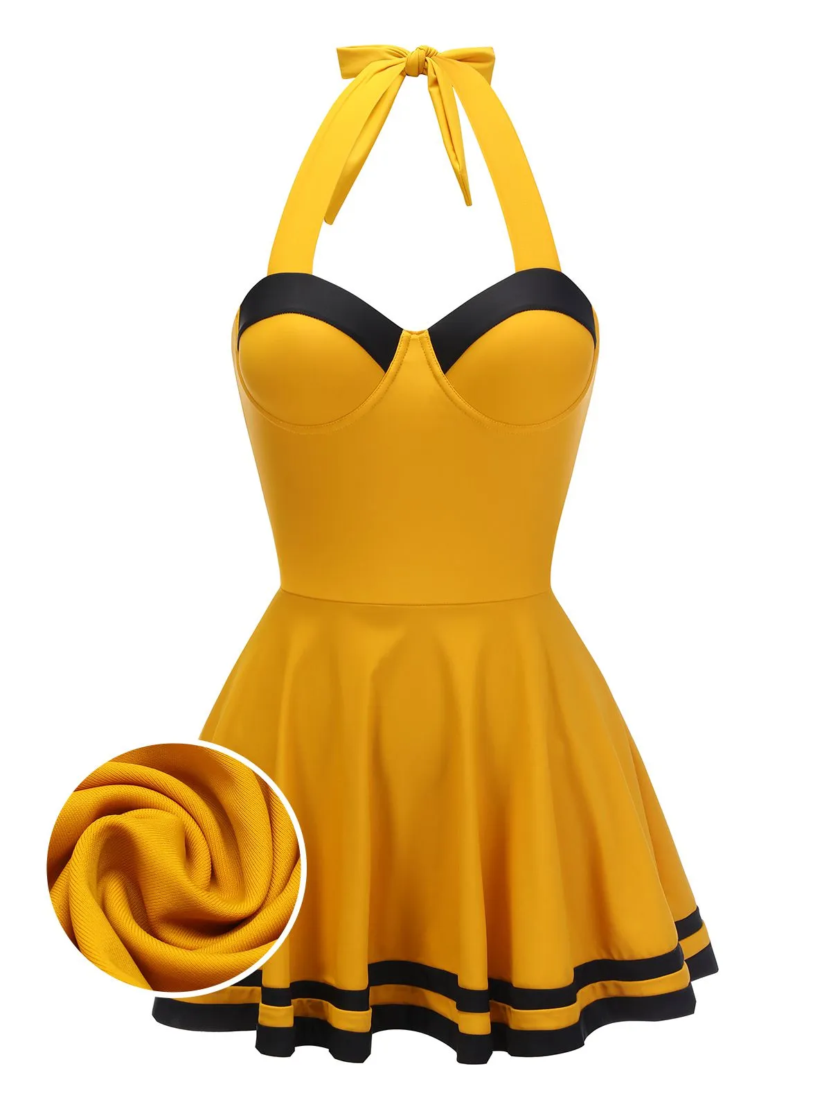 Yellow 1940s Contrast Halter Patchwork Swimsuit sold by Retro Stage