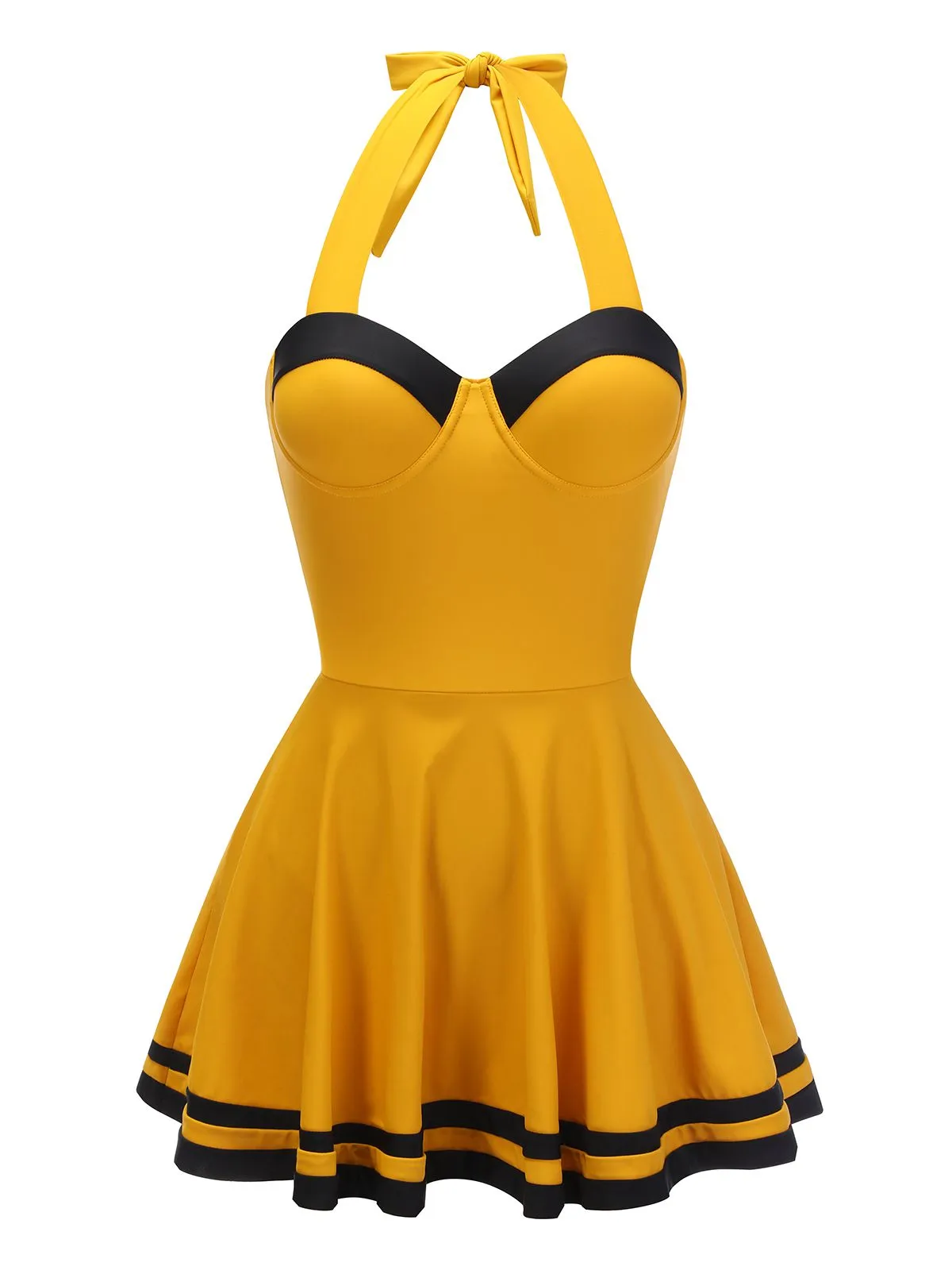 Yellow 1940s Contrast Halter Patchwork Swimsuit sold by Retro Stage product image thumbnail 2