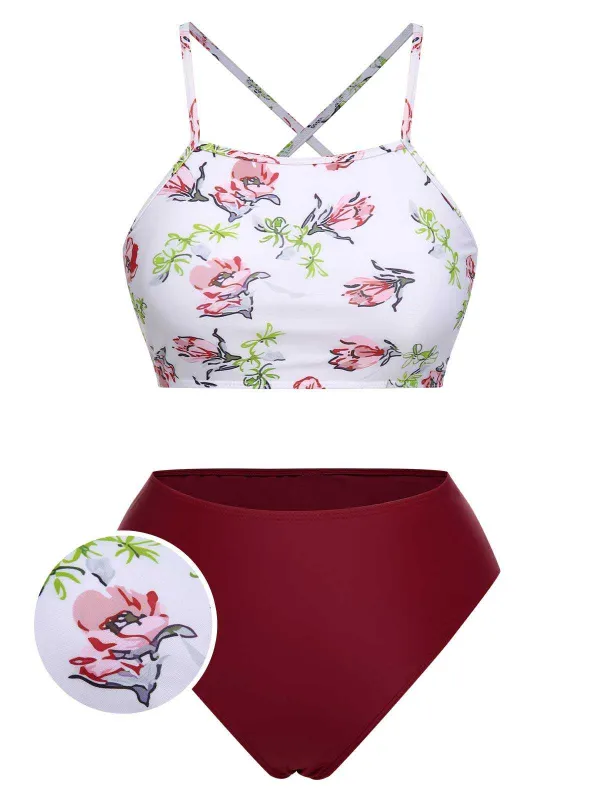 1940s Strap Contrast Floral Lace-Up Swimsuit sold by Retro Stage