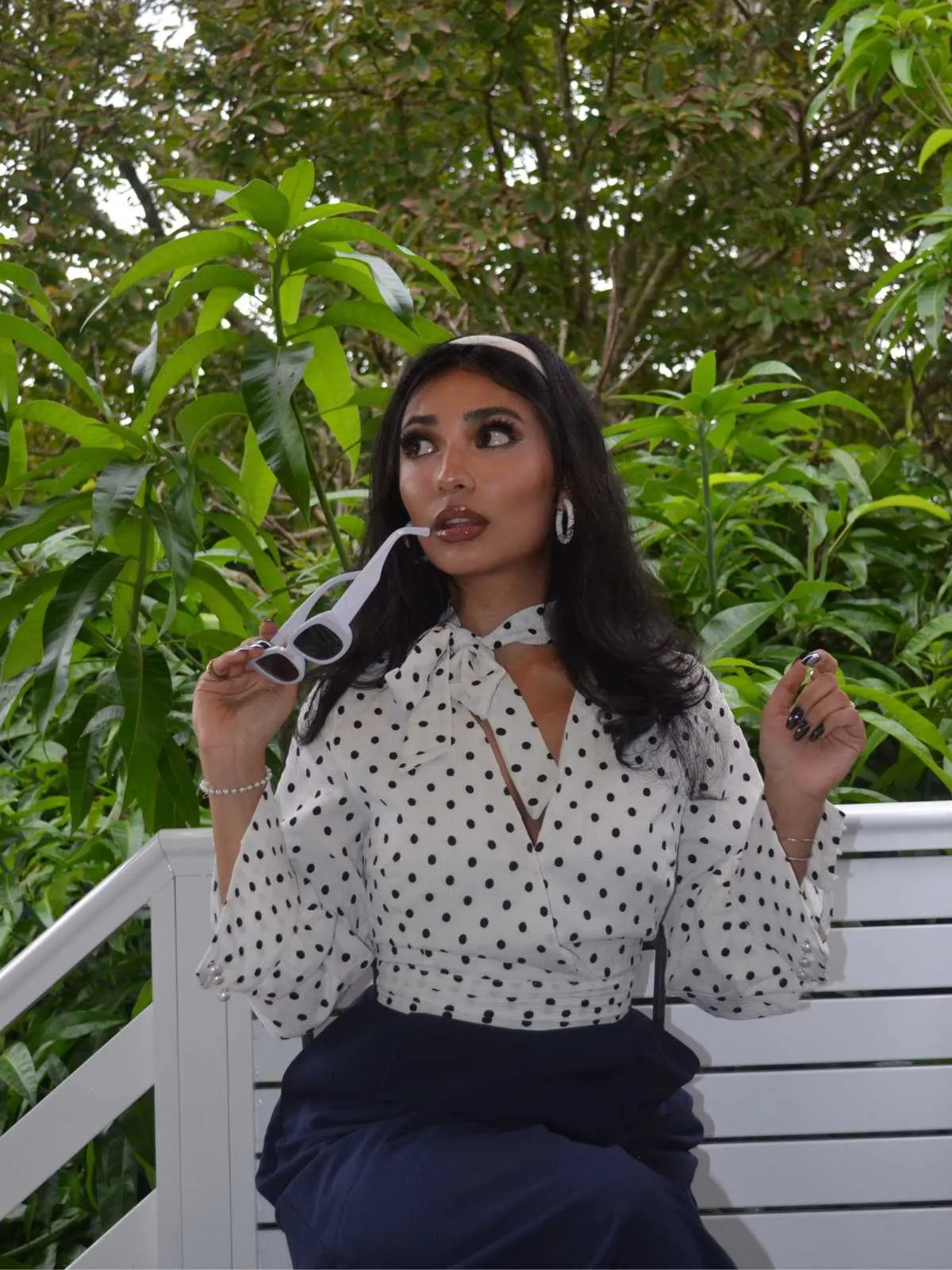 Blue & White 1930s Polka Dots Tie Neck Jumpsuit sold by Retro Stage