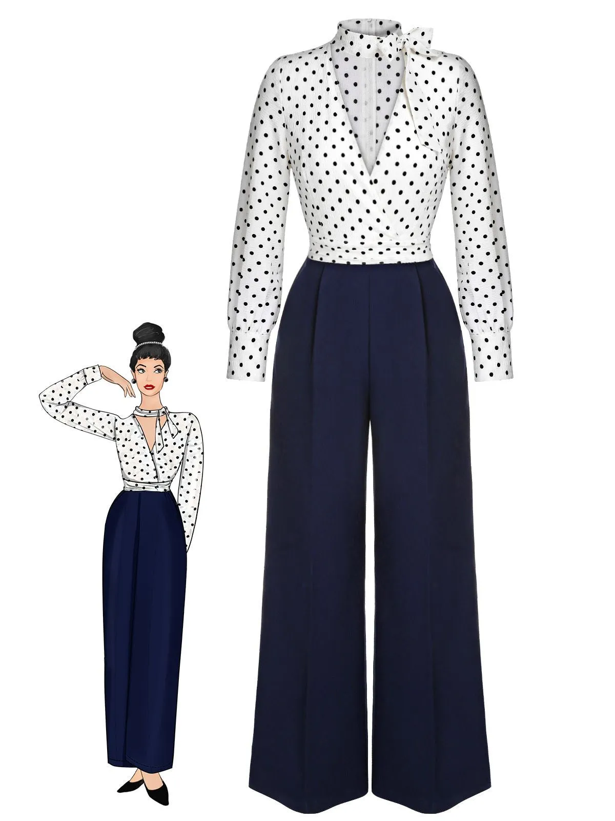 Blue & White 1930s Polka Dots Tie Neck Jumpsuit sold by Retro Stage product image thumbnail 2