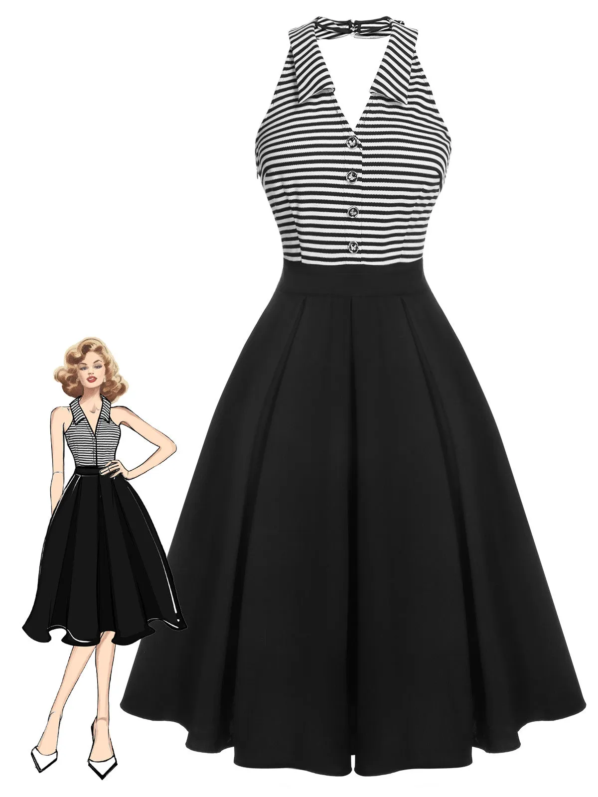 Black 1950s Stripe Lapel Halter Patchwork Dress sold by Retro Stage product image thumbnail 2