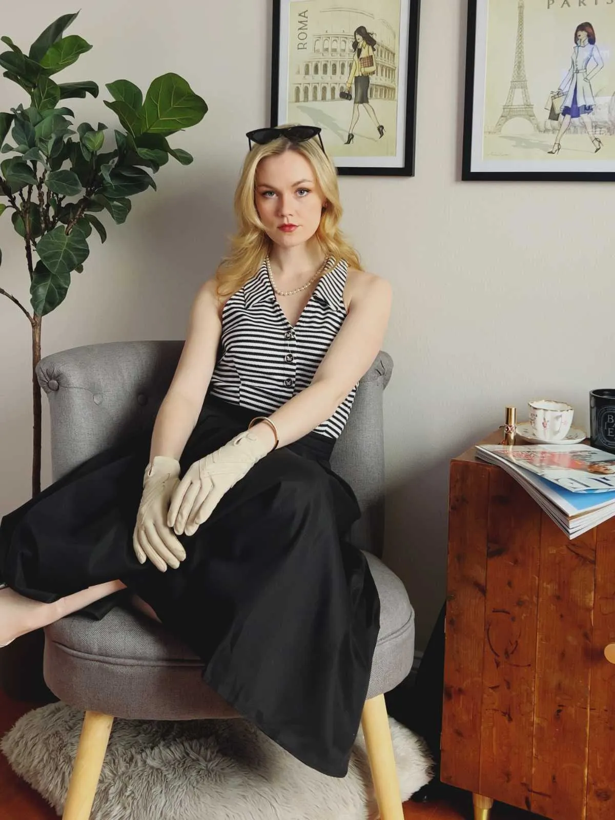 Black 1950s Stripe Lapel Halter Patchwork Dress sold by Retro Stage