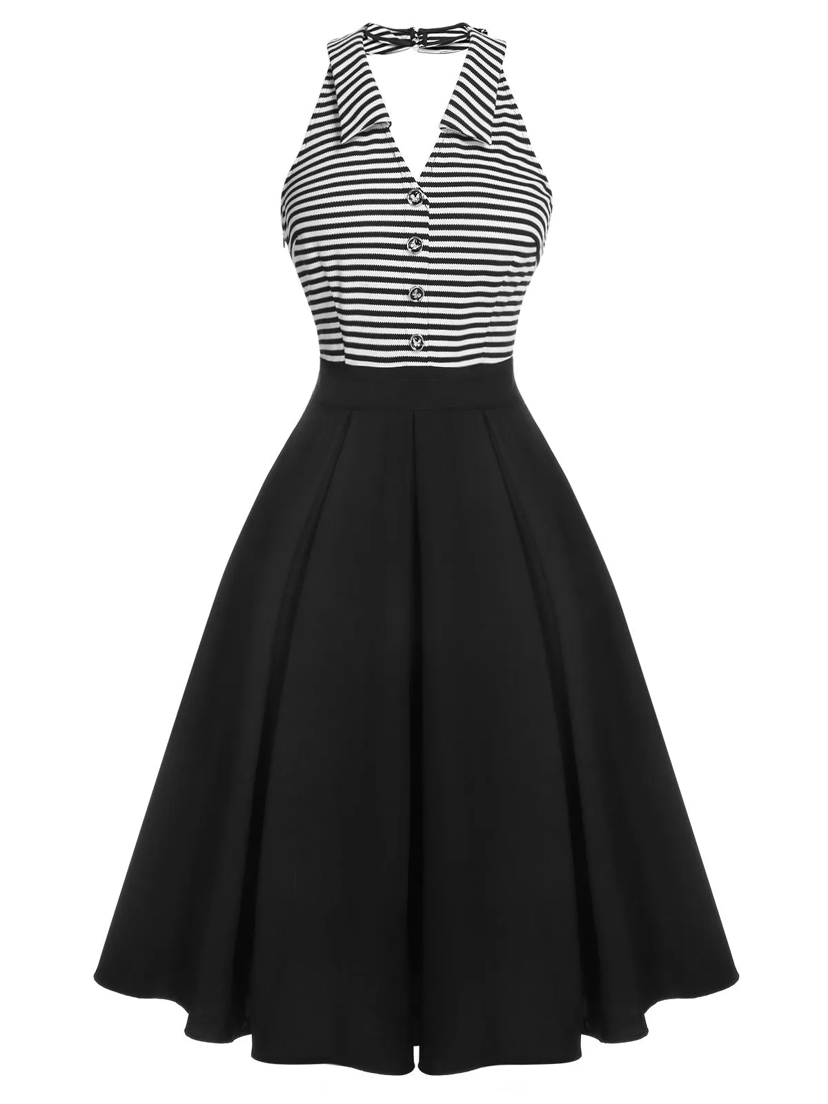 Black 1950s Stripe Lapel Halter Patchwork Dress sold by Retro Stage product image thumbnail 3