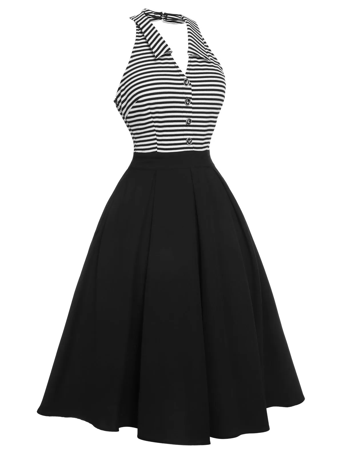 Black 1950s Stripe Lapel Halter Patchwork Dress sold by Retro Stage product image thumbnail 4