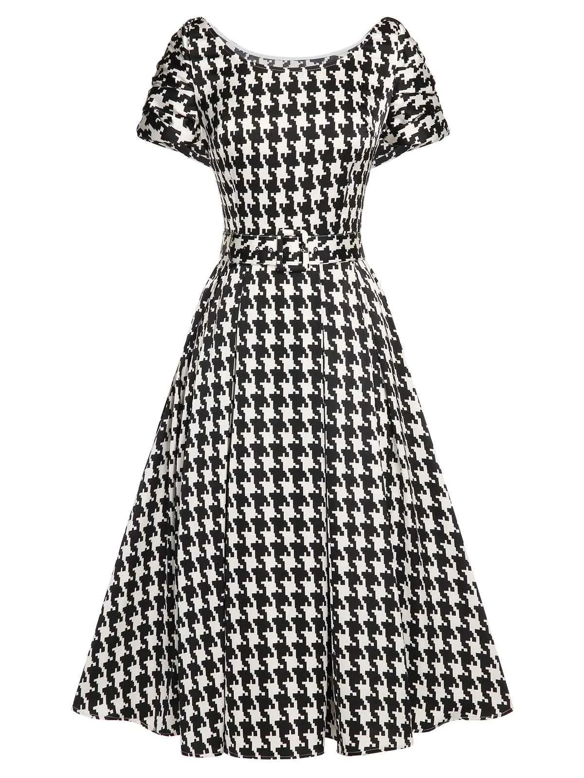 Black 1950s Houndstooth Short Sleeve Belted Dress sold by Retro Stage product image thumbnail 3