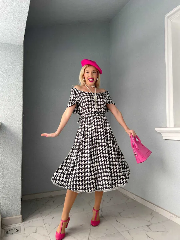 Black 1950s Houndstooth Short Sleeve Belted Dress sold by Retro Stage