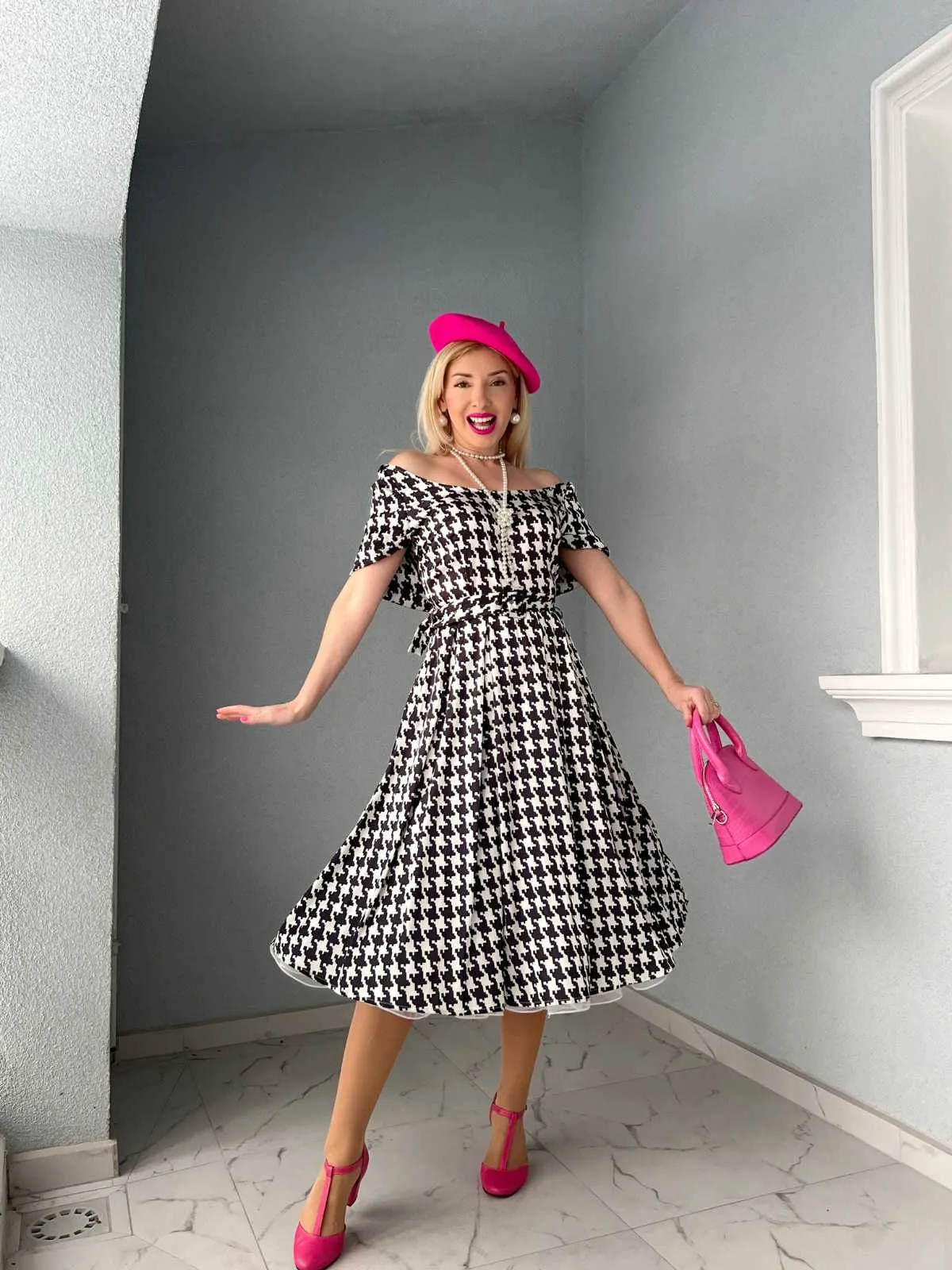 Black 1950s Houndstooth Short Sleeve Belted Dress sold by Retro Stage