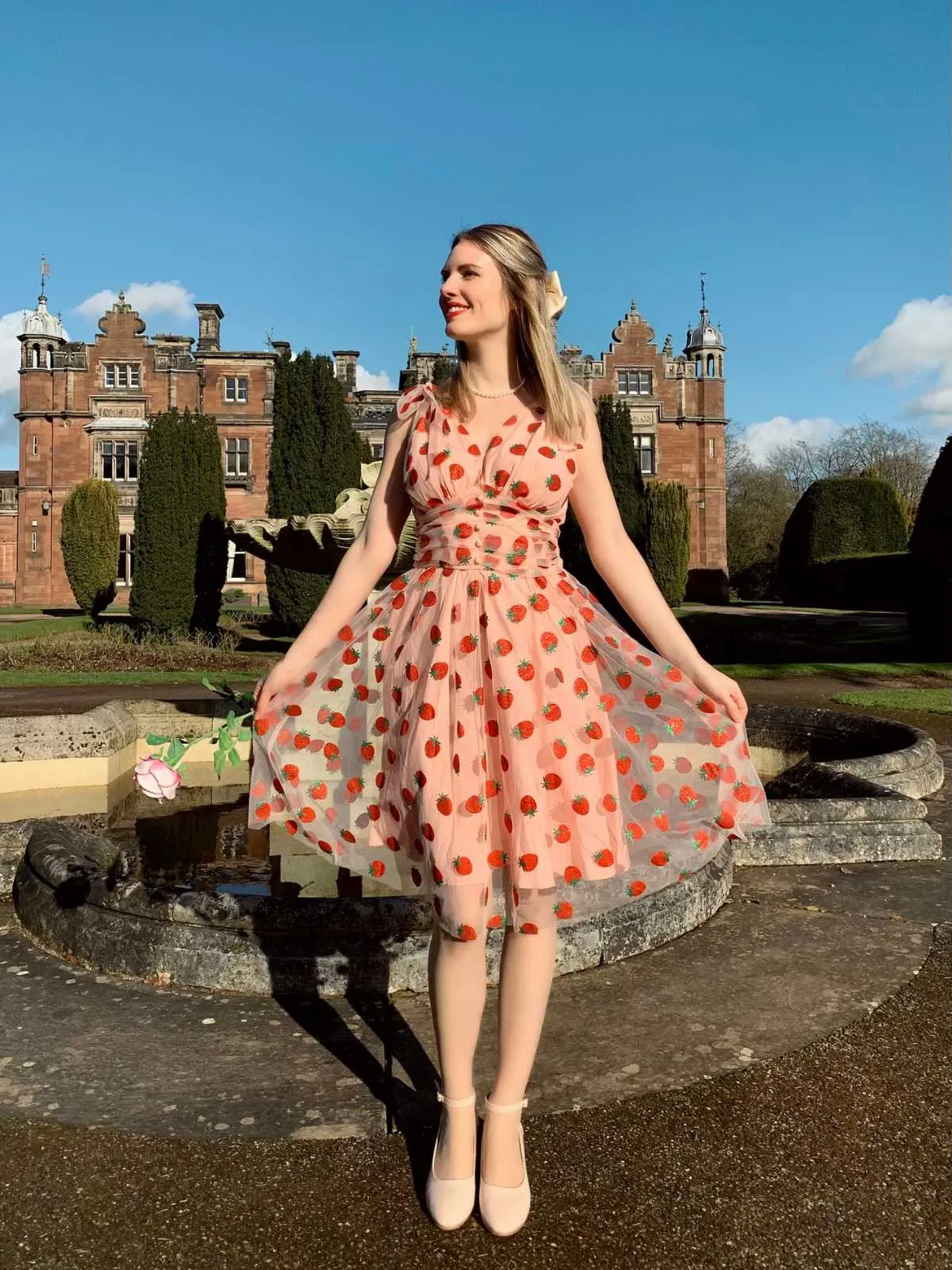 Pink 1950s Strawberry Mesh Swing Dress sold by Retro Stage