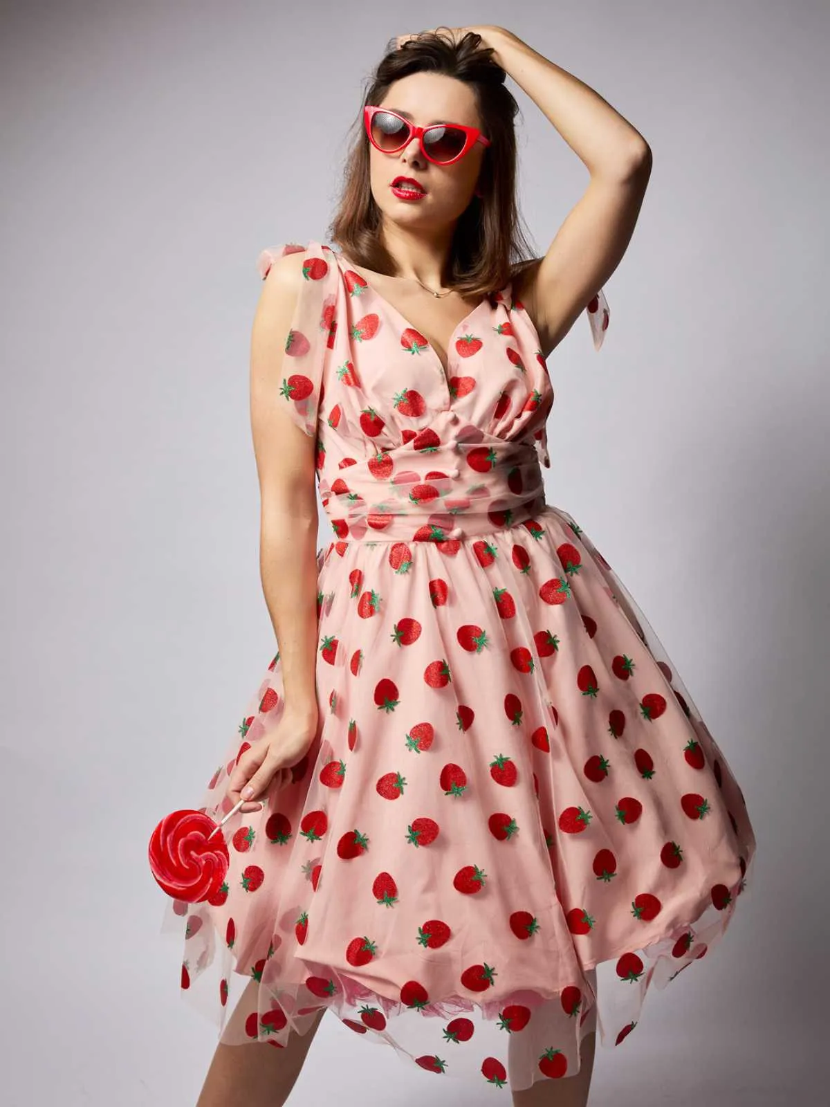 Pink 1950s Strawberry Mesh Swing Dress sold by Retro Stage
