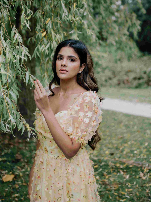 Yellow 3D Floral Puff Sleeves Swing Dress sold by Retro Stage