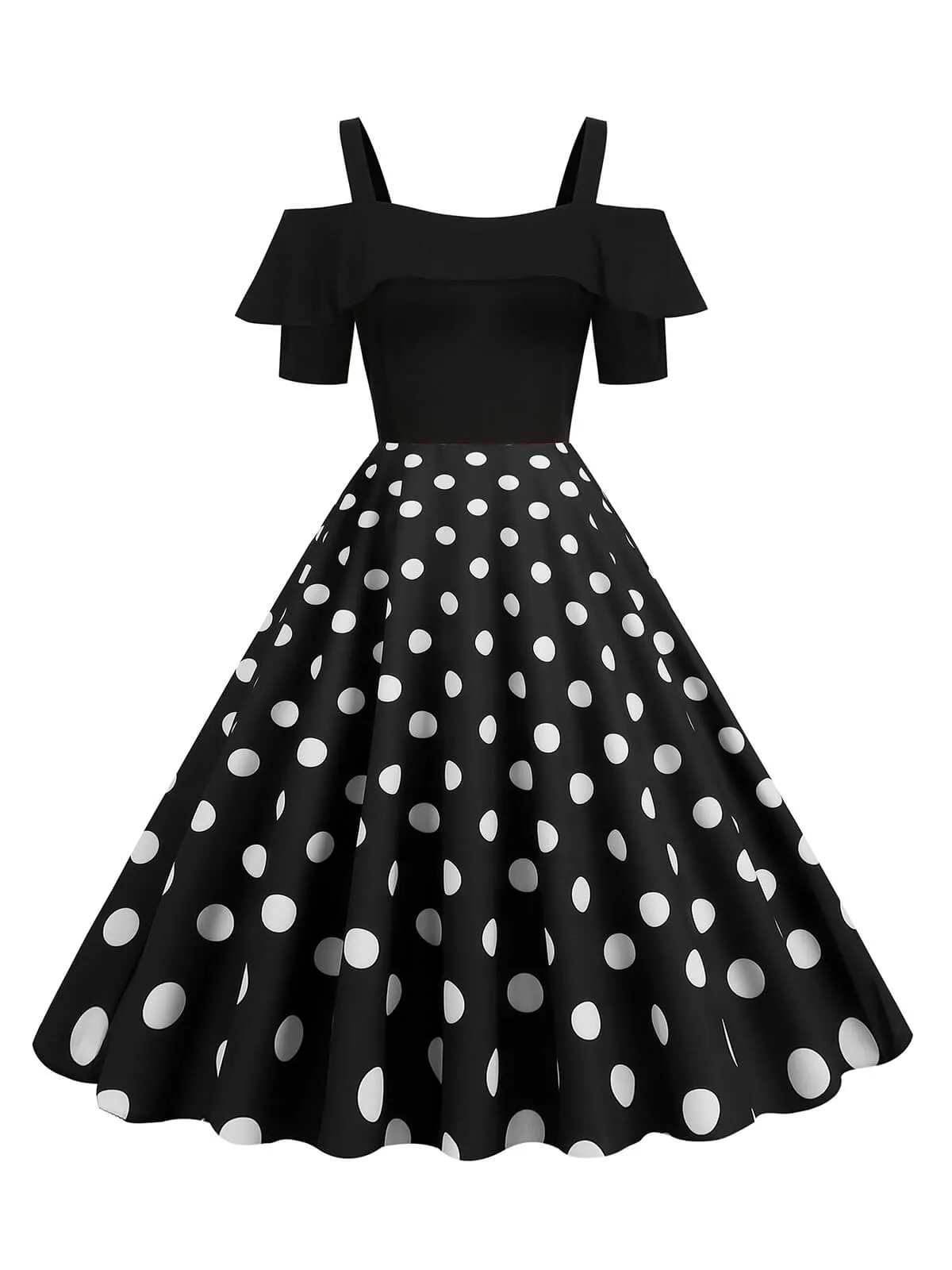 1950s Black Patchwork Polka Dot Strap Dress sold by Retro Stage product image thumbnail 4