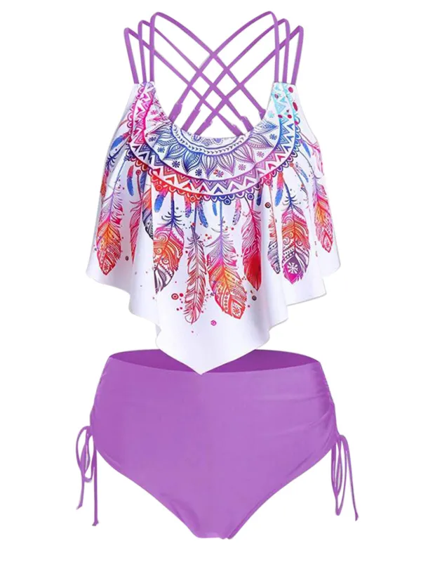 1950s Spaghetti Strap Feather Tankini Set sold by Retro Stage