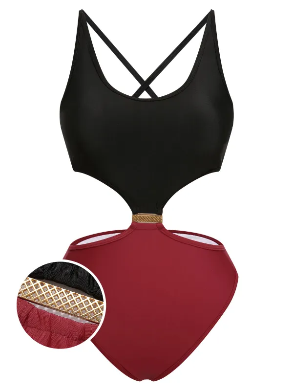 Red & Black 1950s Solid Patchwork Lace Up Swimsuit sold by Retro Stage