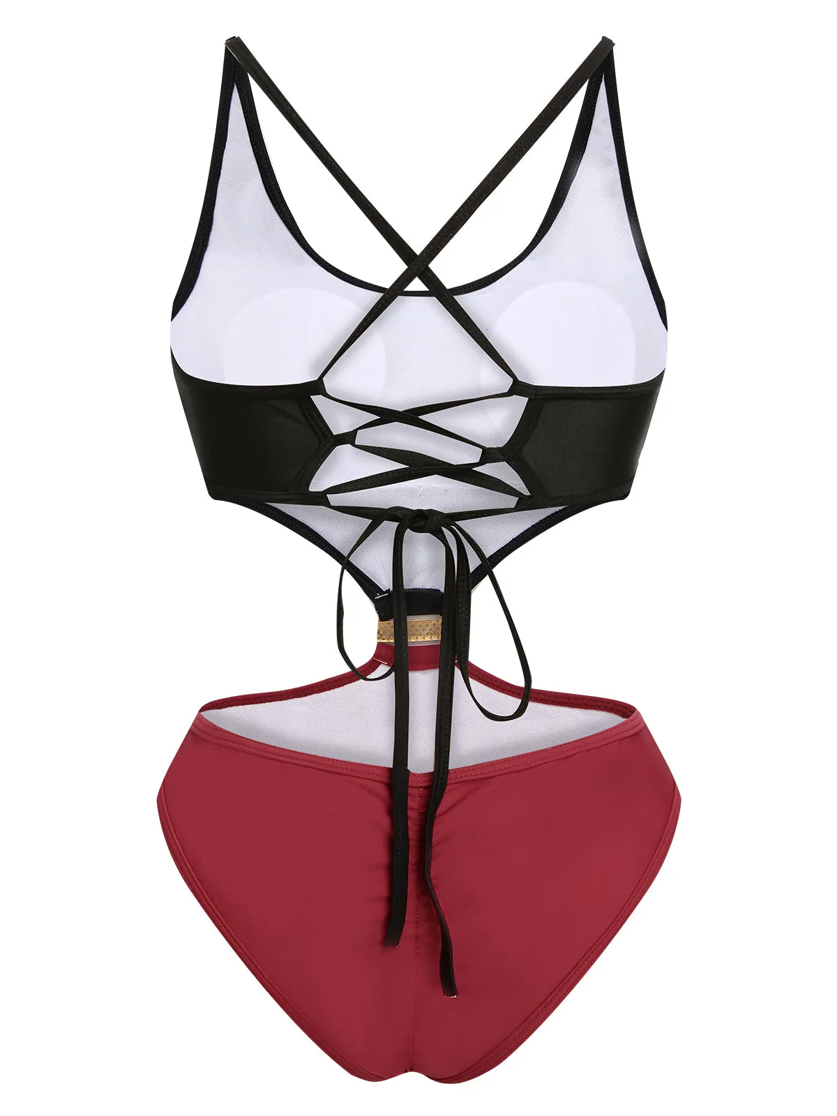 Red & Black 1950s Solid Patchwork Lace Up Swimsuit sold by Retro Stage product image thumbnail 4
