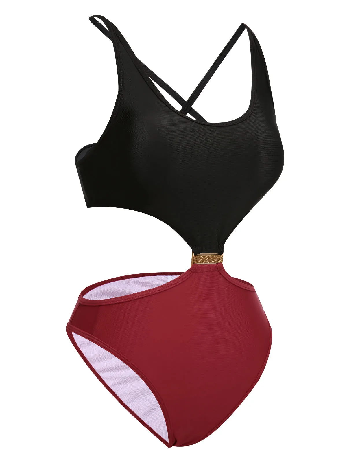 Red & Black 1950s Solid Patchwork Lace Up Swimsuit sold by Retro Stage product image thumbnail 3