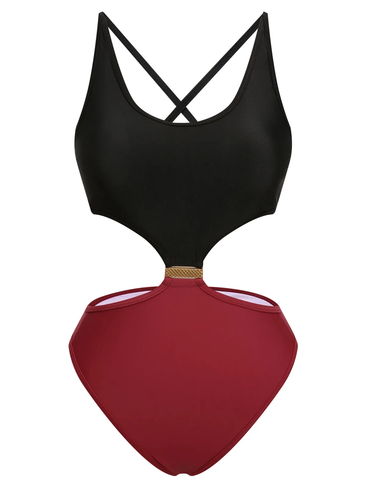 Red & Black 1950s Solid Patchwork Lace Up Swimsuit sold by Retro Stage product image thumbnail 2