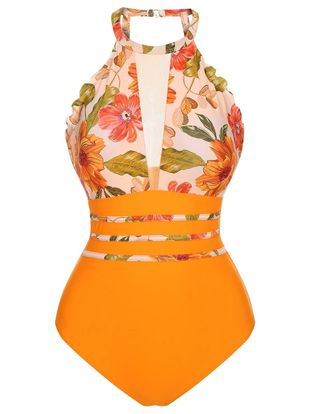 Orange 1960s Halter Floral One-Piece Swimsuit sold by Retro Stage