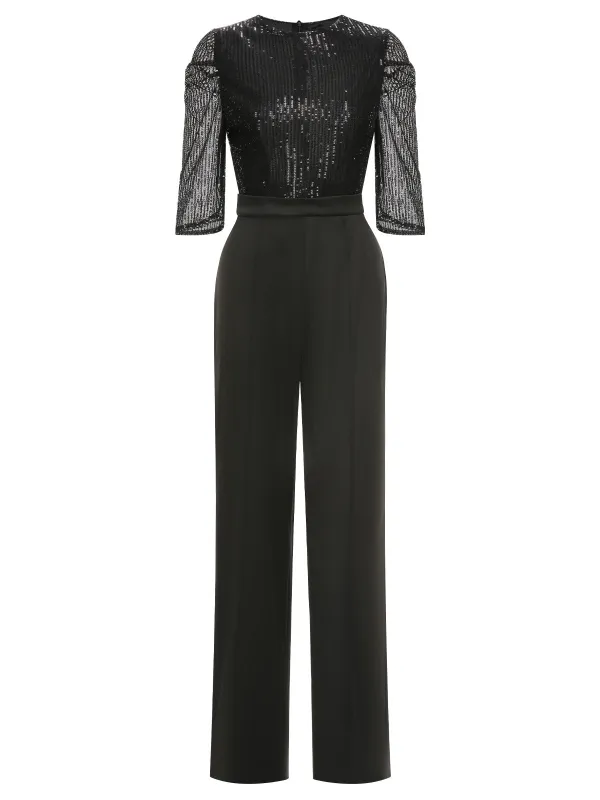 Black 1930s Sequined Patchwork Solid Jumpsuit sold by Retro Stage
