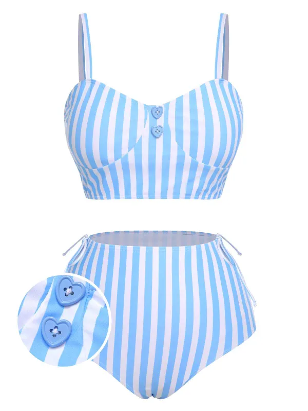 Blue 1950s Striped Heart Button Swimsuit sold by Retro Stage