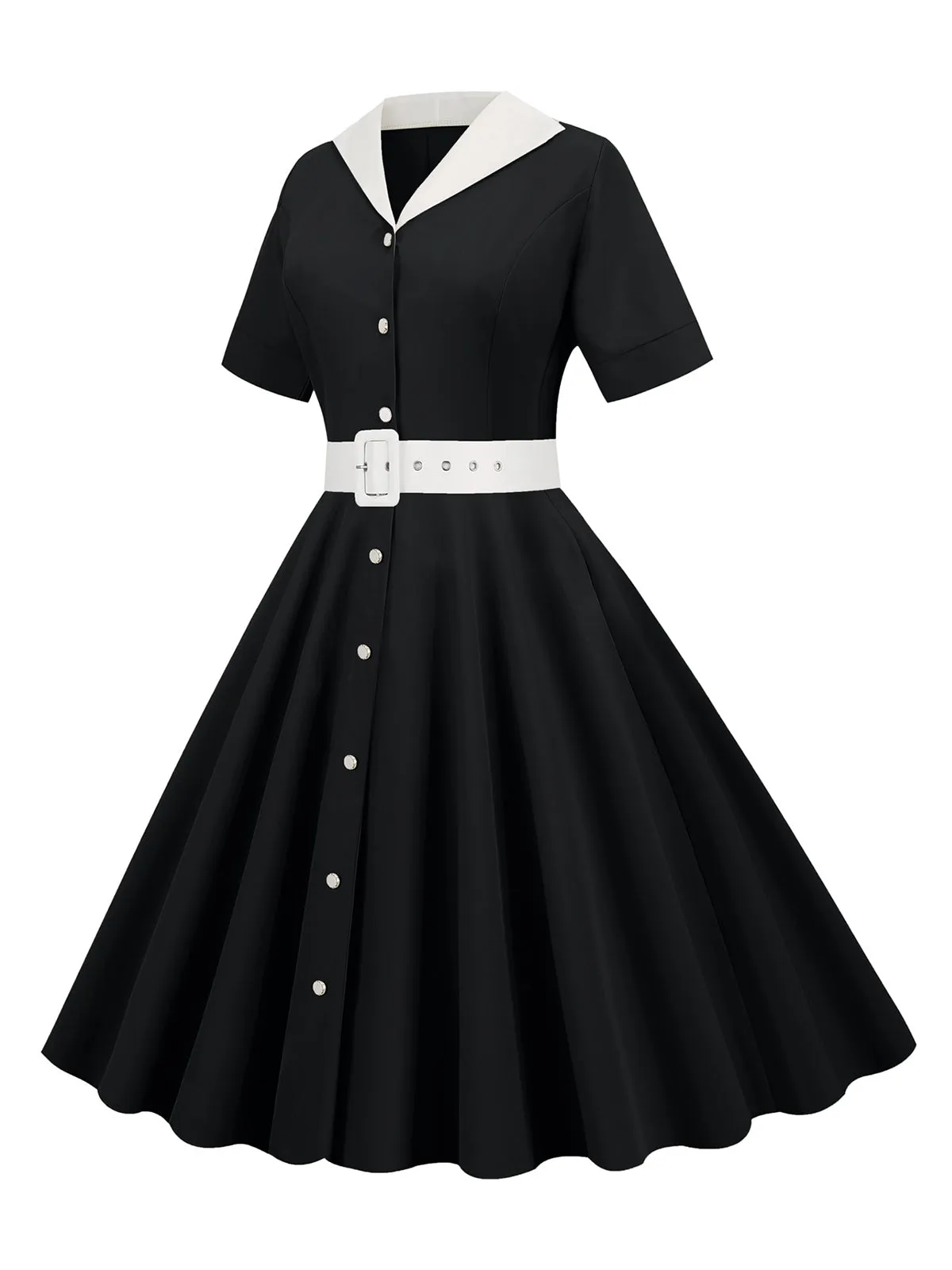 1950s Solid Contrast Lapel Belt Dress sold by Retro Stage product image thumbnail 3