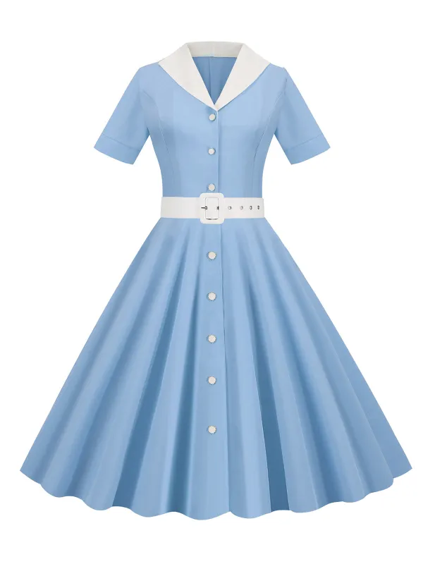 1950s Solid Contrast Lapel Belt Dress sold by Retro Stage