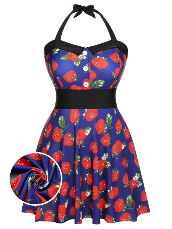 [Plus Size] Multicolor 1930s Colorblocked Strawberry Halter Swimsuit sold by Retro Stage