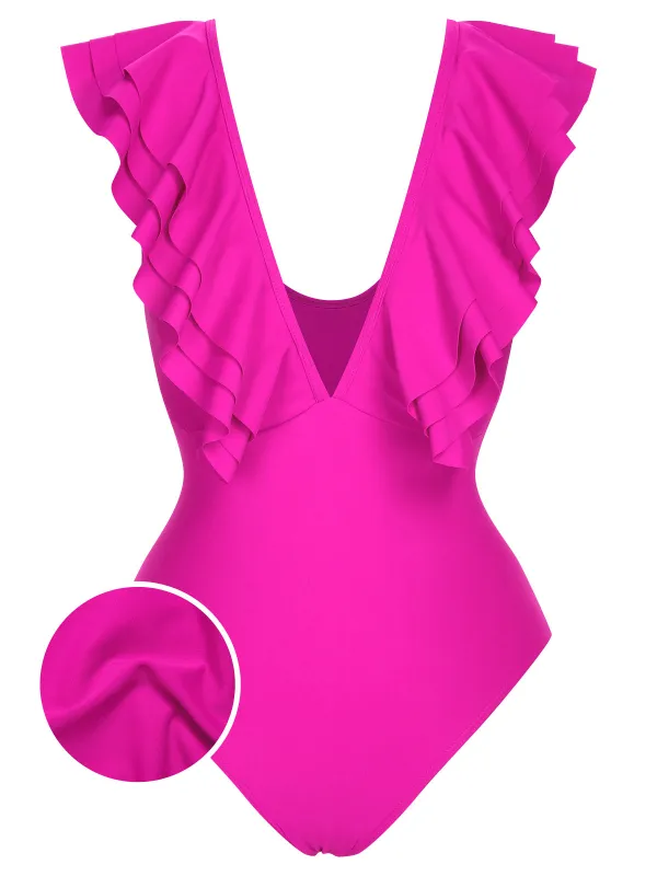1950s Solid Ruffle V-Neck One-Piece Swimsuit sold by Retro Stage