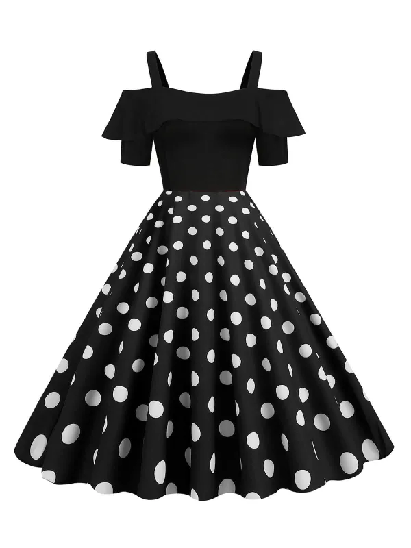 1950s Black Patchwork Polka Dot Strap Dress sold by Retro Stage