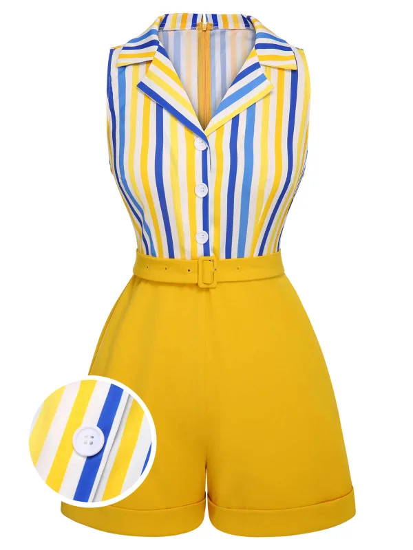 1950s Yellow White Blue Striped Lapel Romper sold by Retro Stage