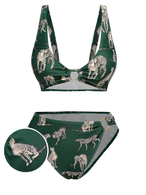 Green 1940s Leopard Halter Split Swimsuit sold by Retro Stage