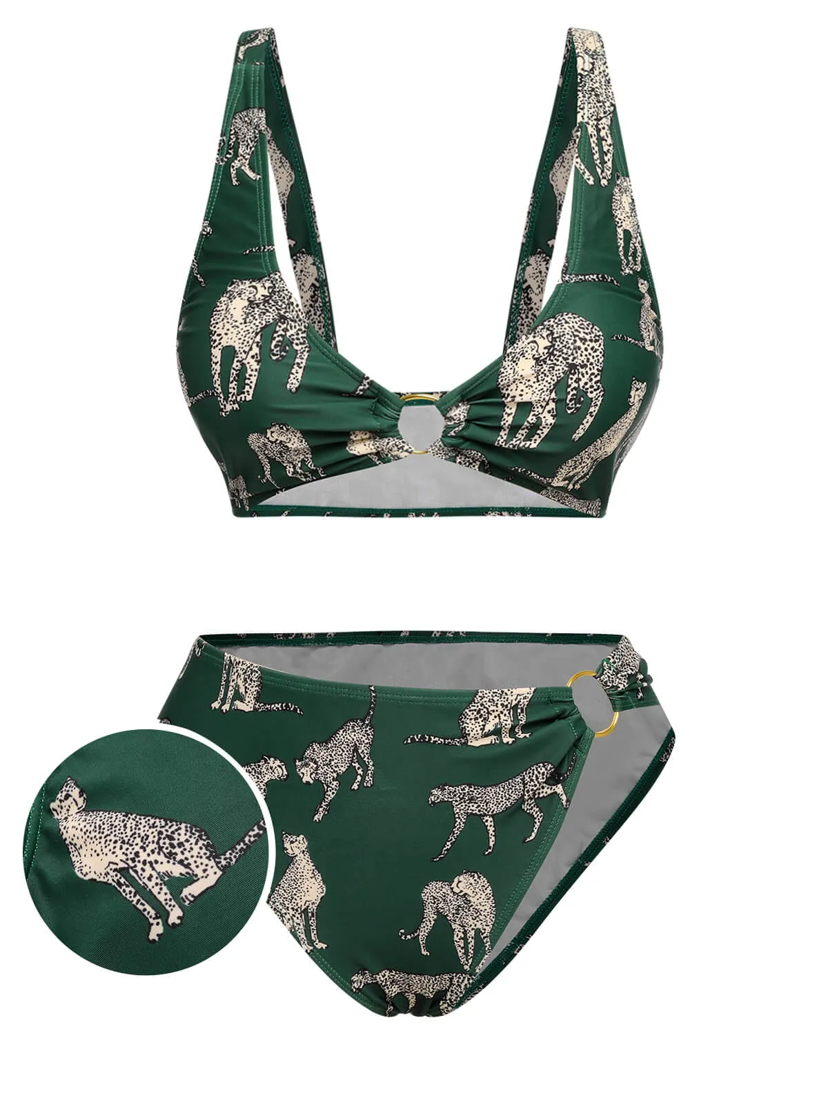 Green 1940s Leopard Halter Split Swimsuit sold by Retro Stage