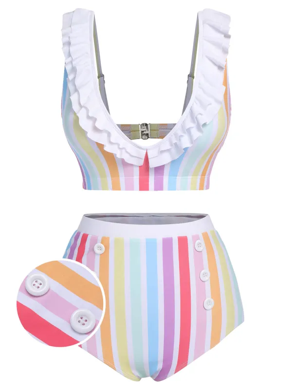 Multicolor 1950s Rainbow Stripes Swimsuit sold by Retro Stage