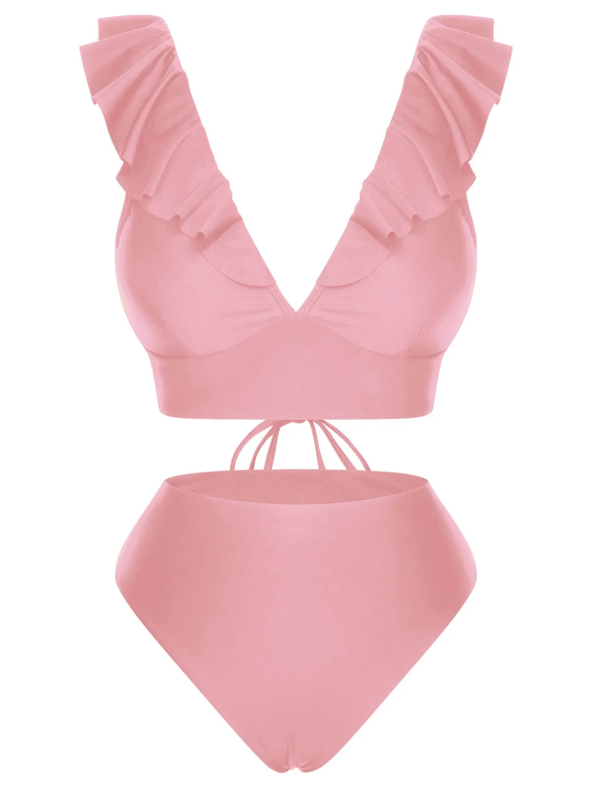 1950s Solid Ruffle Lace-Up V-Neck Swimsuit sold by Retro Stage product image thumbnail 2