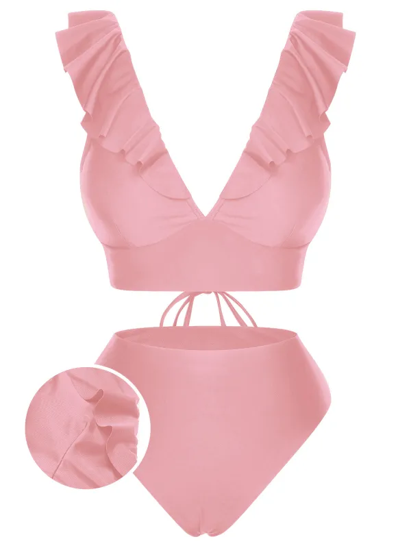 1950s Solid Ruffle Lace-Up V-Neck Swimsuit sold by Retro Stage