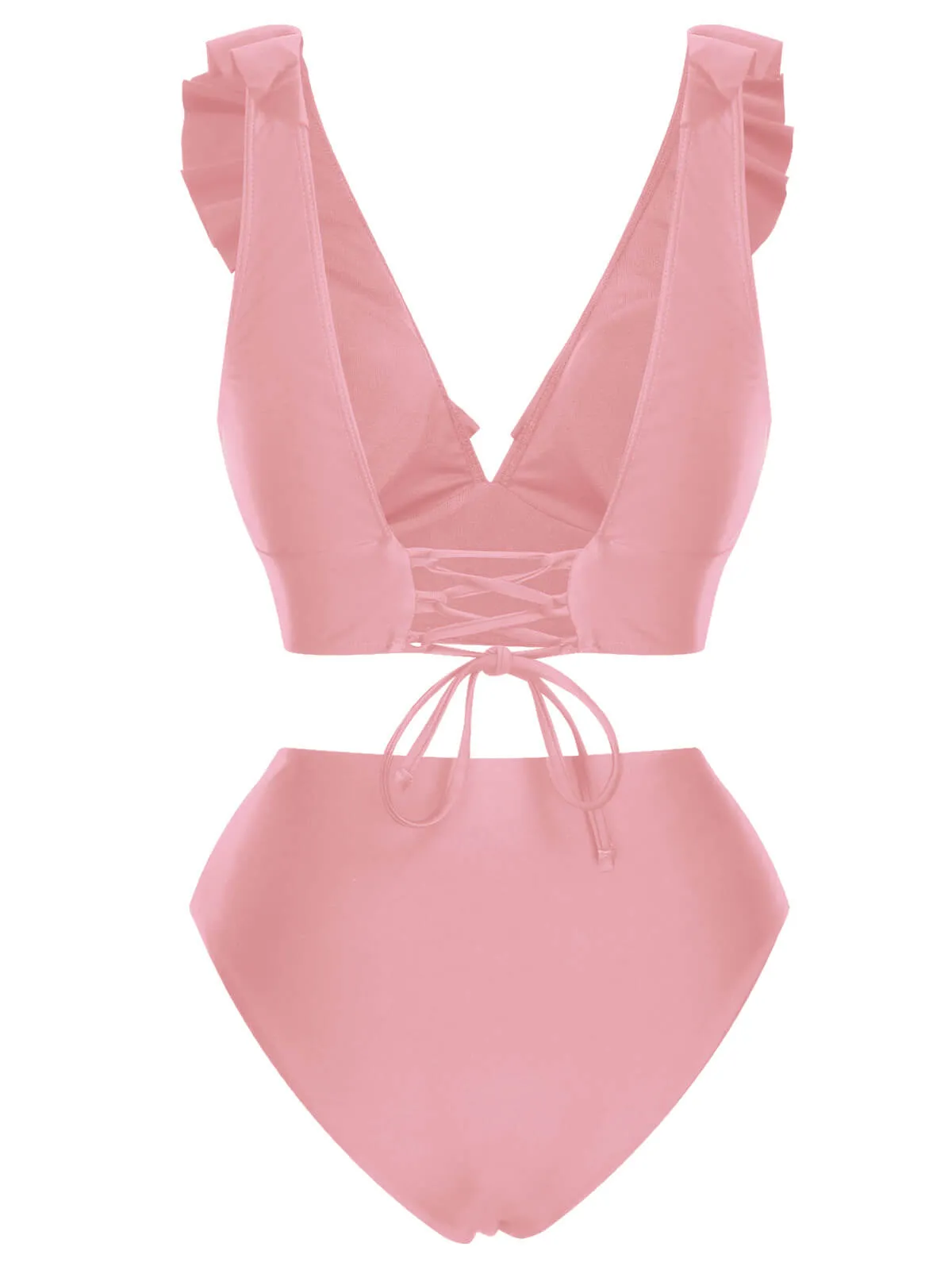 1950s Solid Ruffle Lace-Up V-Neck Swimsuit sold by Retro Stage product image thumbnail 4