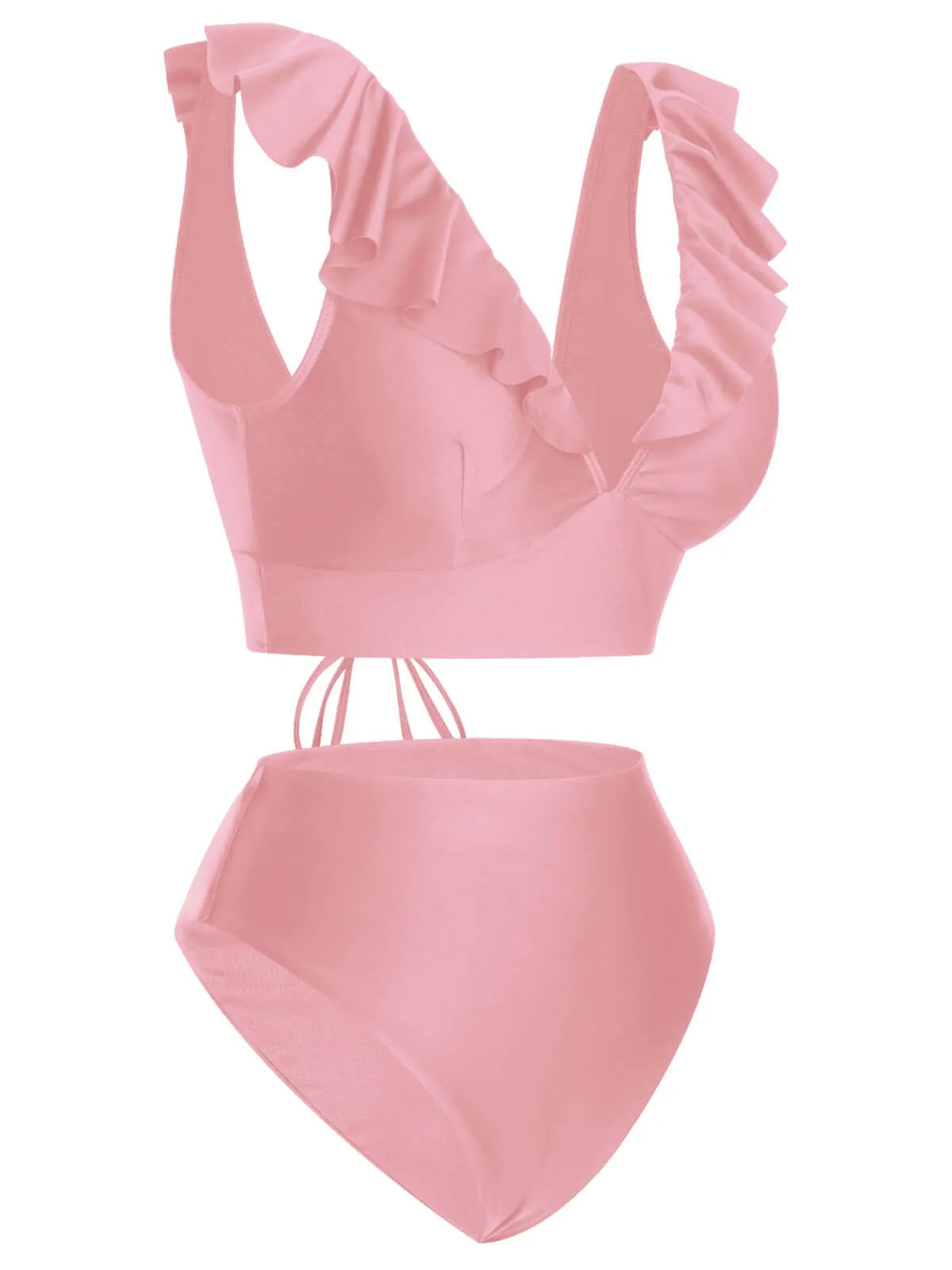 1950s Solid Ruffle Lace-Up V-Neck Swimsuit sold by Retro Stage product image thumbnail 3