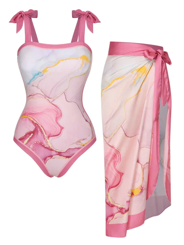 2PCS 1950s Pink Print Swimsuit & Cover-Up sold by Retro Stage