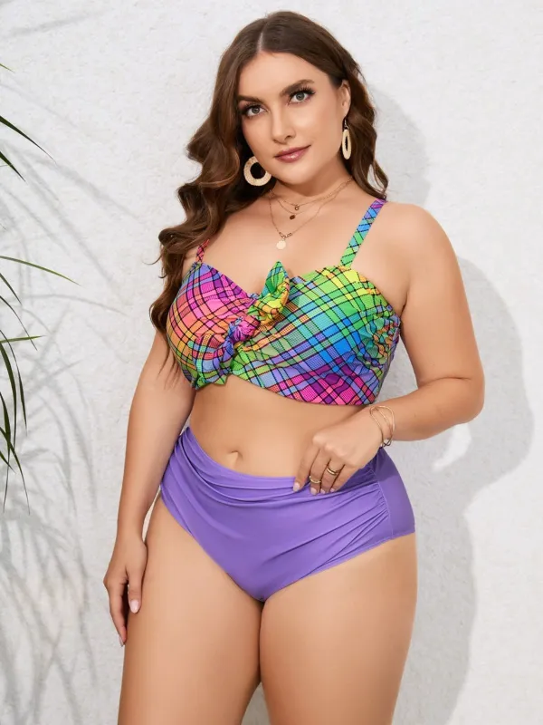 [Plus Size] 1960s Strap Colorful Plaids Bow Swimsuit sold by Retro Stage