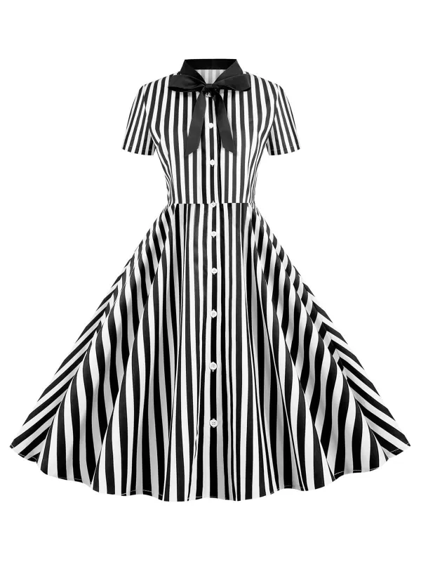 1950s Bow Collar Striped Dots Swing Dress sold by Retro Stage