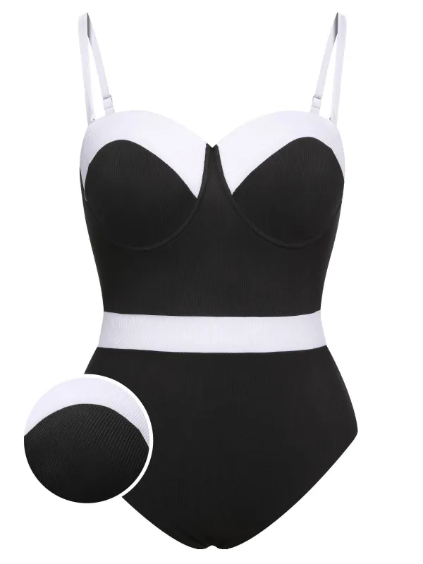 [Plus Size] Black & White 1950s Patchwork Strap Swimsuit sold by Retro Stage