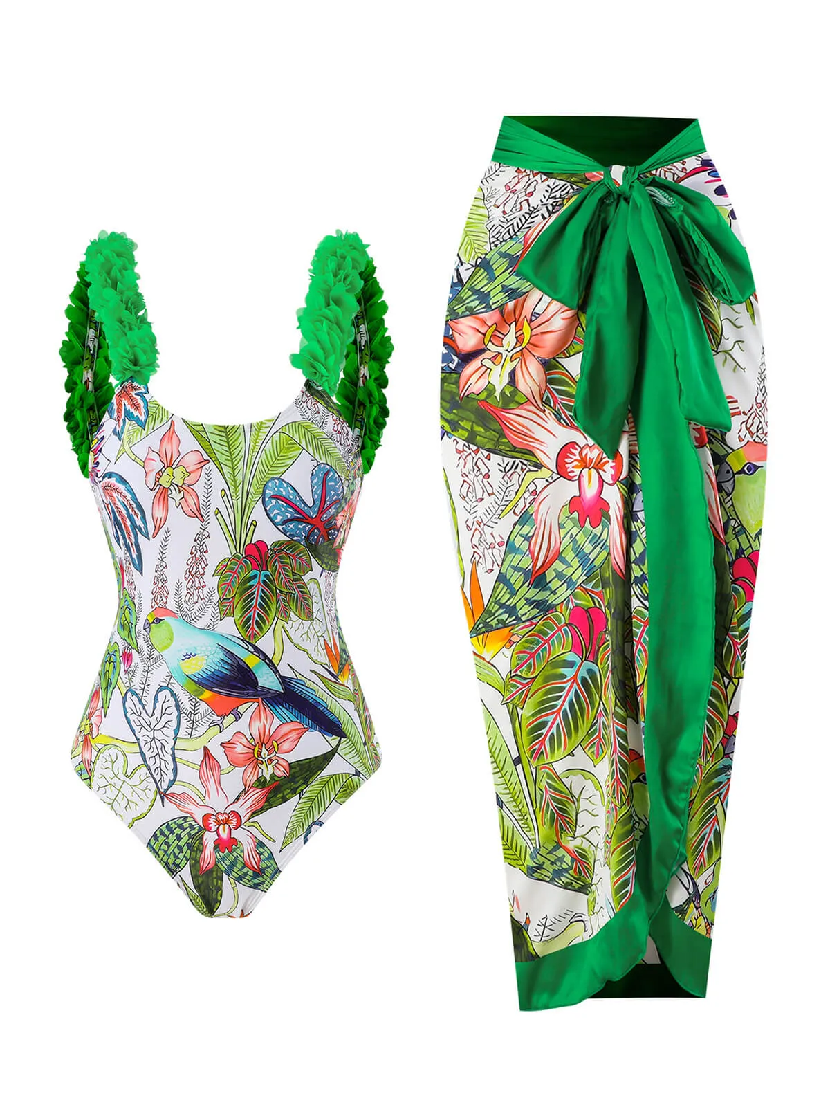Green 1960s Floral Bird Swimsuit & Cover-Up sold by Retro Stage