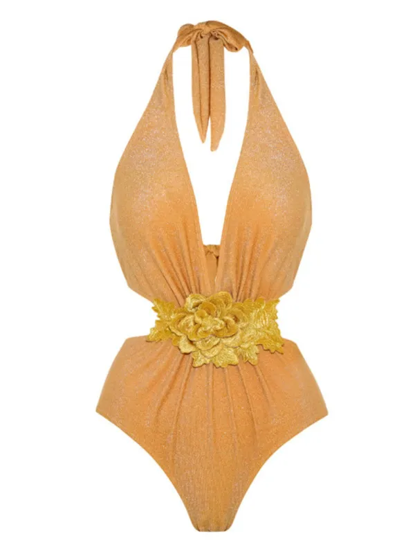 Yellow 1930s 3D Flower Halter Swimsuit sold by Retro Stage